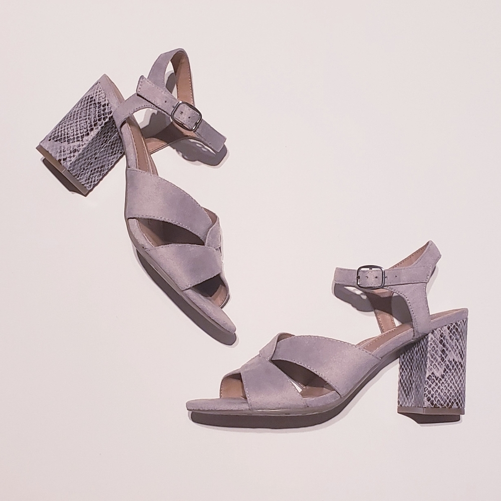 New Directions Gray Snakeskin Block Heel Sandal - Picture 2 of 9